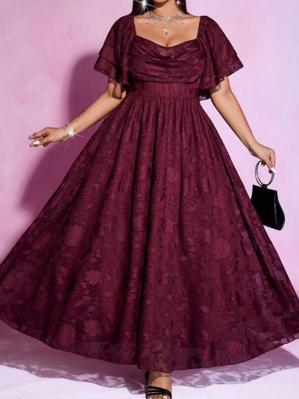 Elegant Burgundy Floral Lace Maxi Dress with Flutter Sleeves